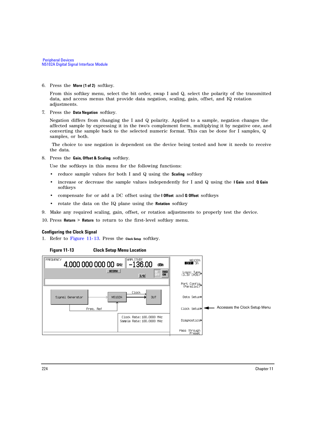 Agilent Technologies E8267D PSG, E8257D PSG manual Configuring the Clock Signal, Press the Gain, Offset & Scaling softkey 