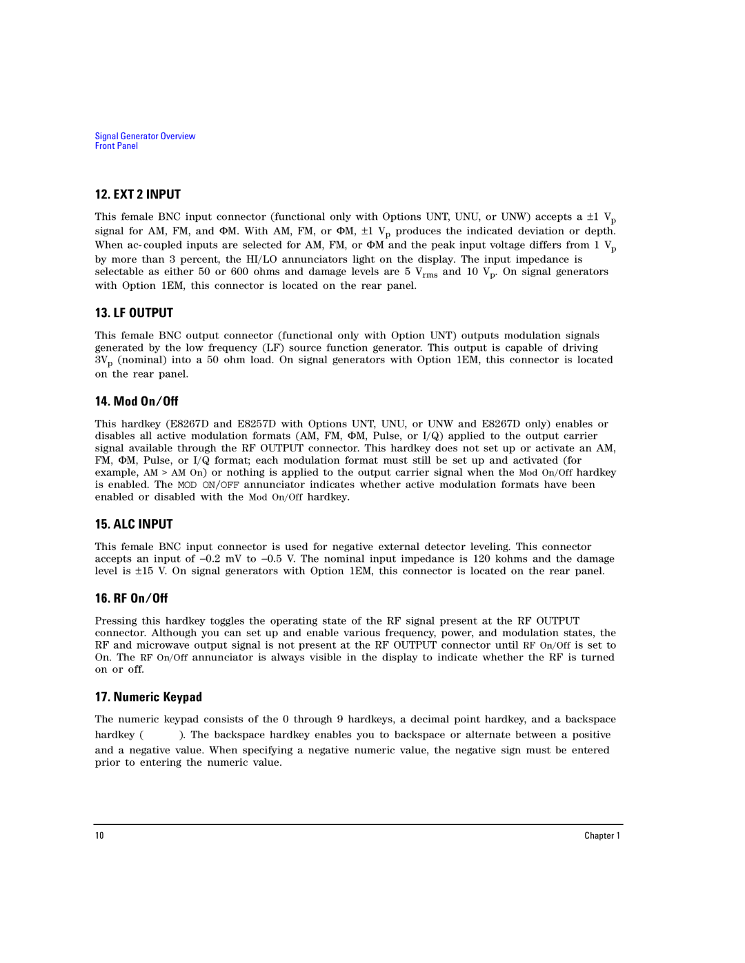 Agilent Technologies E8267D PSG, E8257D PSG manual Mod On/Off, RF On/Off, Numeric Keypad 