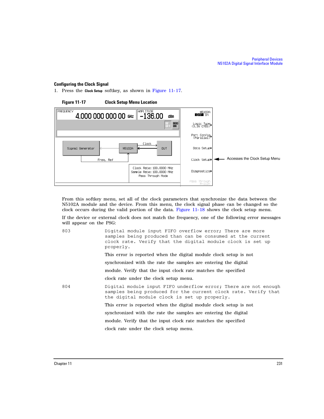 Agilent Technologies E8257D PSG, E8267D PSG manual Press the Clock Setup softkey, as shown 