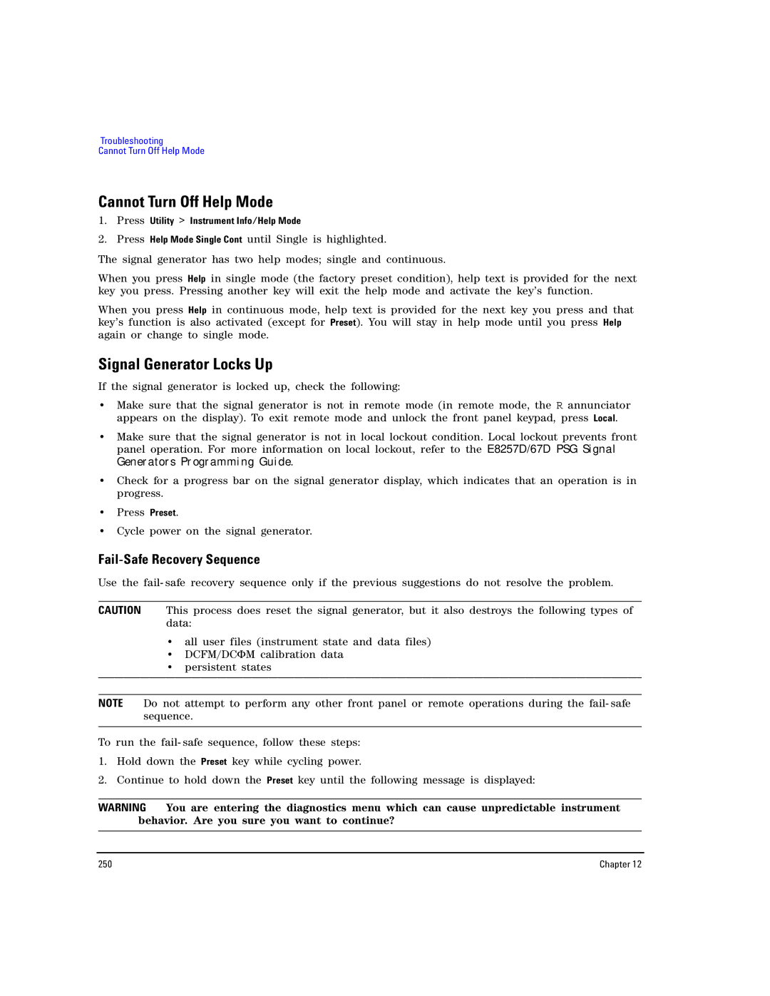 Agilent Technologies E8267D PSG manual Cannot Turn Off Help Mode, Signal Generator Locks Up, Fail-Safe Recovery Sequence 