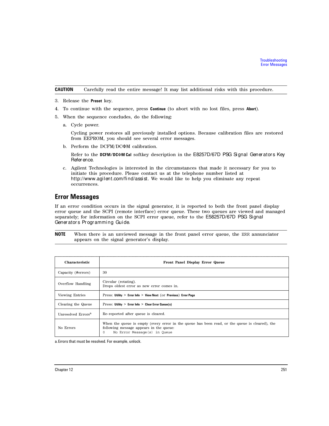 Agilent Technologies E8257D PSG, E8267D PSG manual Error Messages, Characteristic Front Panel Display Error Queue 
