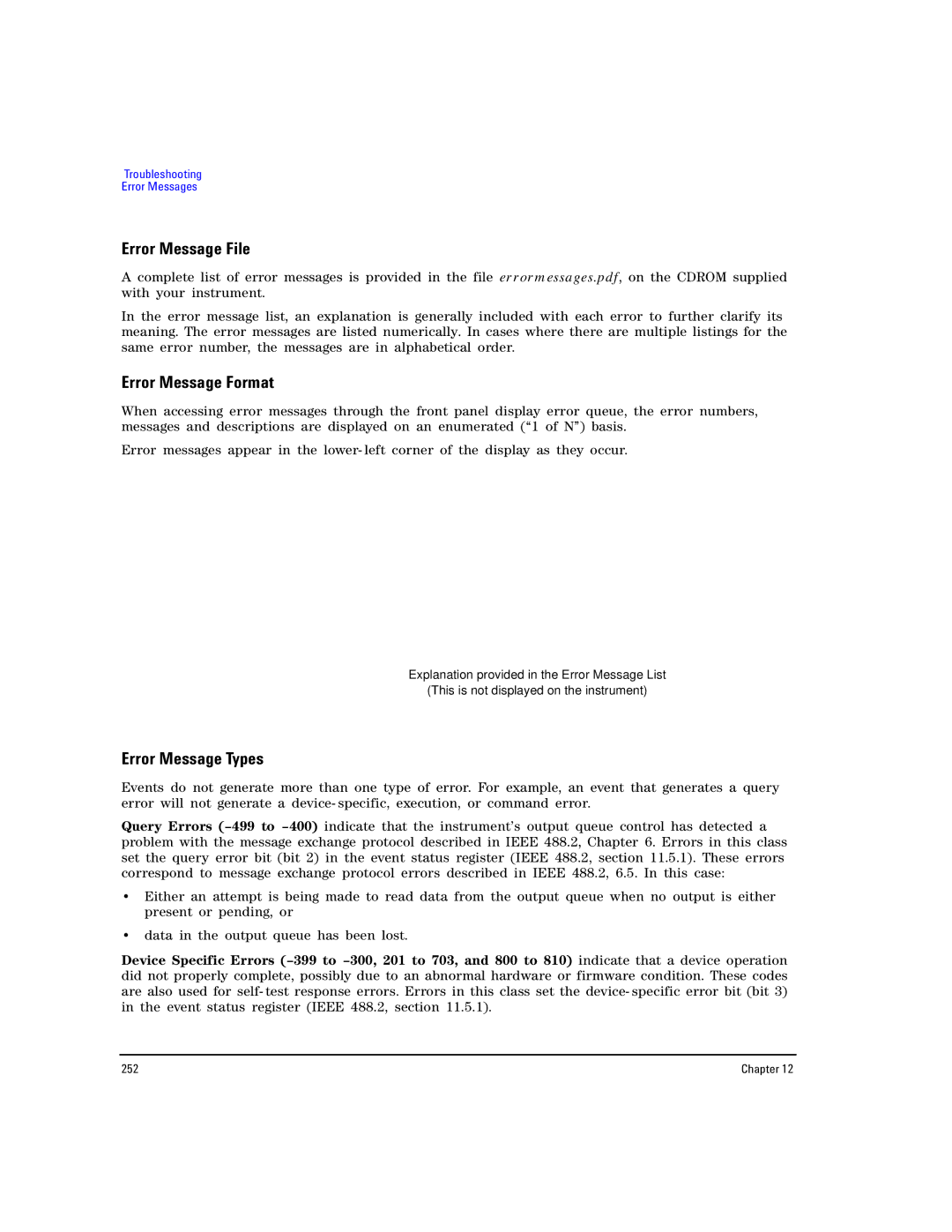 Agilent Technologies E8267D PSG, E8257D PSG manual Error Message File, Error Message Format, Error Message Types 