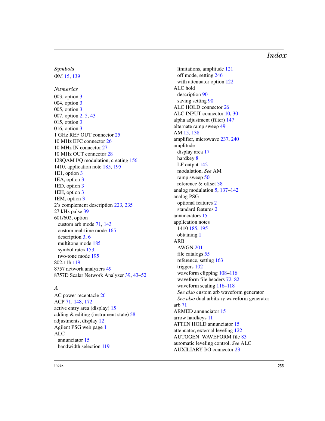 Agilent Technologies E8257D PSG, E8267D PSG manual Index 