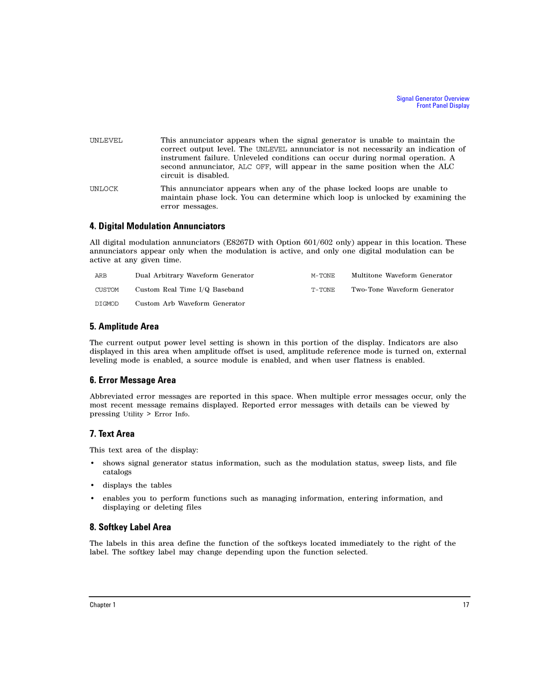 Agilent Technologies E8257D PSG, E8267D PSG Digital Modulation Annunciators, Amplitude Area, Error Message Area, Text Area 