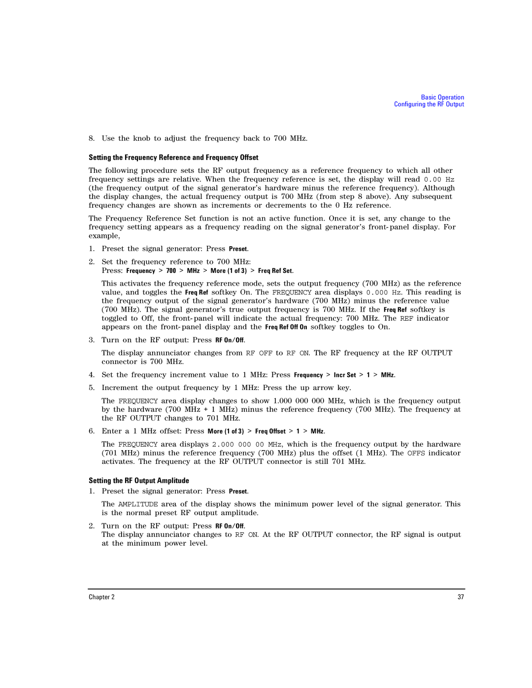 Agilent Technologies E8257D PSG Setting the Frequency Reference and Frequency Offset, Setting the RF Output Amplitude 
