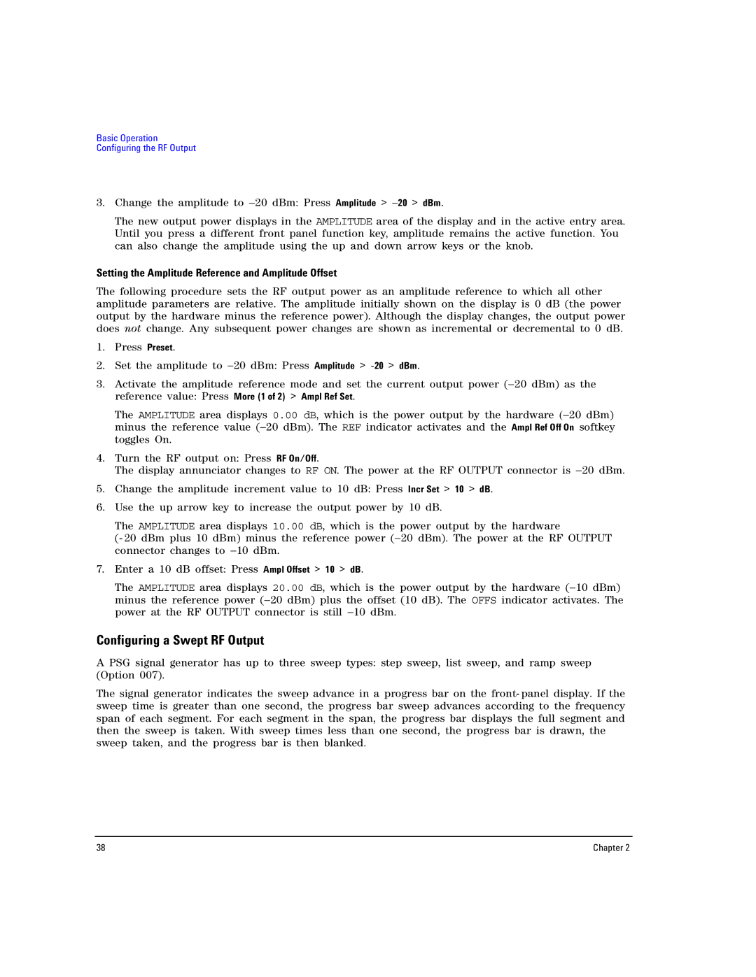 Agilent Technologies E8267D PSG manual Configuring a Swept RF Output, Setting the Amplitude Reference and Amplitude Offset 