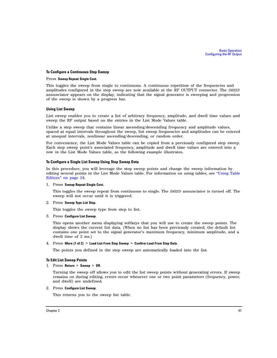 Agilent Technologies E8257D PSG manual To Configure a Continuous Step Sweep, Using List Sweep, To Edit List Sweep Points 