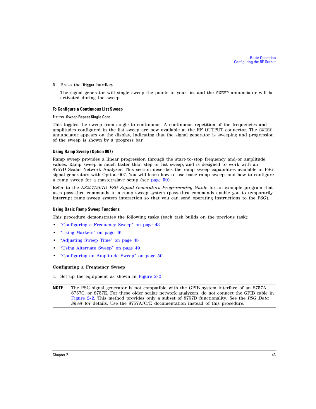 Agilent Technologies E8257D PSG, E8267D PSG manual To Configure a Continuous List Sweep, Using Ramp Sweep Option 