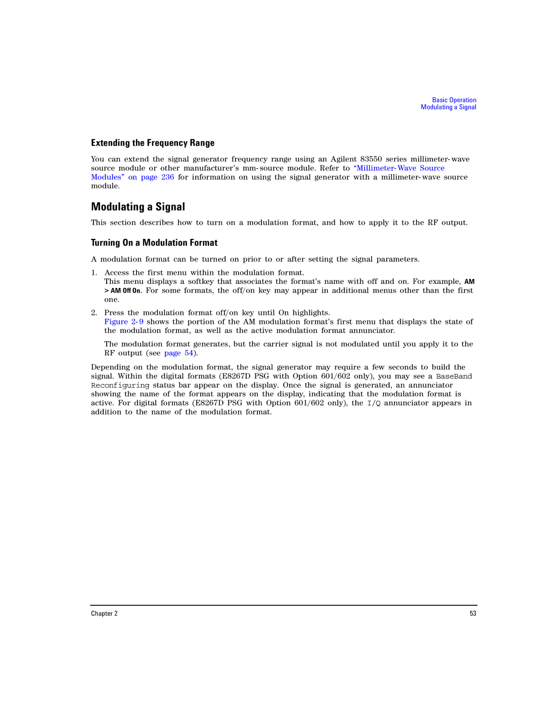 Agilent Technologies E8257D PSG manual Modulating a Signal, Extending the Frequency Range, Turning On a Modulation Format 