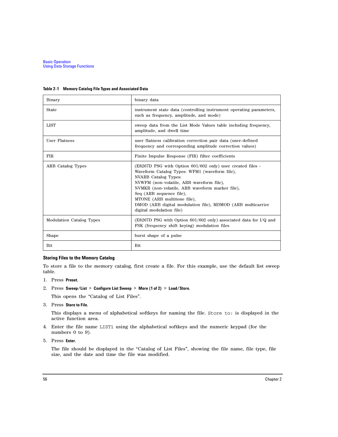 Agilent Technologies E8267D PSG manual Storing Files to the Memory Catalog, Memory Catalog File Types and Associated Data 