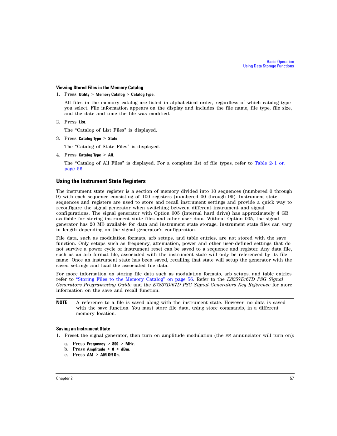 Agilent Technologies E8257D PSG manual Using the Instrument State Registers, Viewing Stored Files in the Memory Catalog 