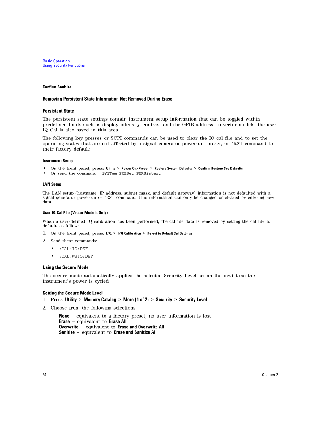 Agilent Technologies E8267D PSG, E8257D PSG manual Using the Secure Mode, Setting the Secure Mode Level 