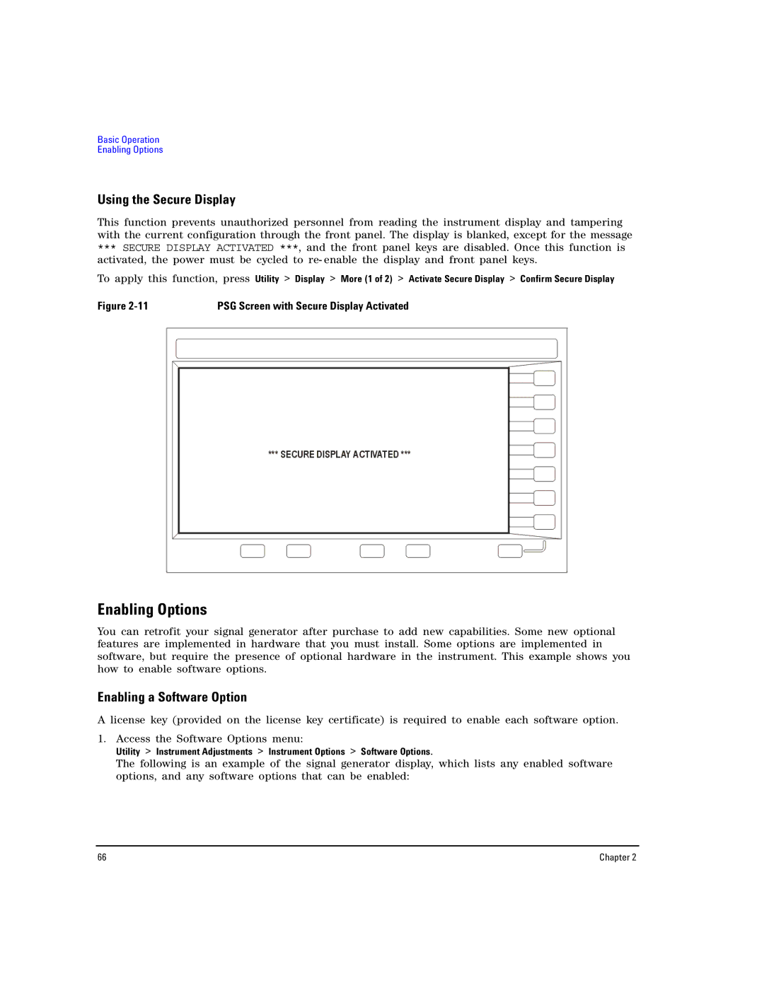 Agilent Technologies E8267D PSG, E8257D PSG manual Enabling Options, Using the Secure Display, Enabling a Software Option 