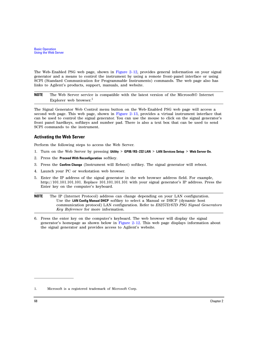 Agilent Technologies E8267D PSG manual Activating the Web Server, Perform the following steps to access the Web Server 