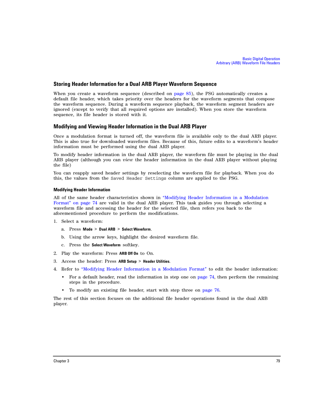 Agilent Technologies E8257D PSG, E8267D PSG manual Modifying Header Information, Press Mode Dual ARB Select Waveform 