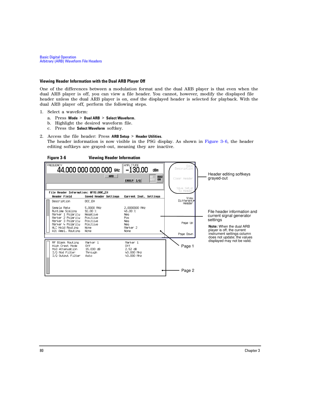 Agilent Technologies E8267D PSG, E8257D PSG manual Viewing Header Information with the Dual ARB Player Off 