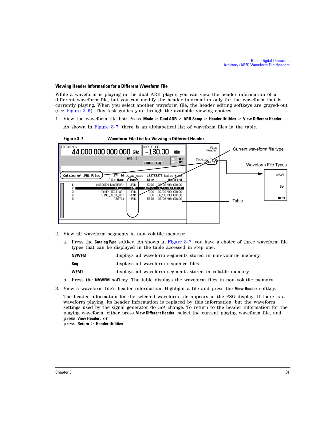 Agilent Technologies E8257D PSG, E8267D PSG manual Viewing Header Information for a Different Waveform File, Seq 