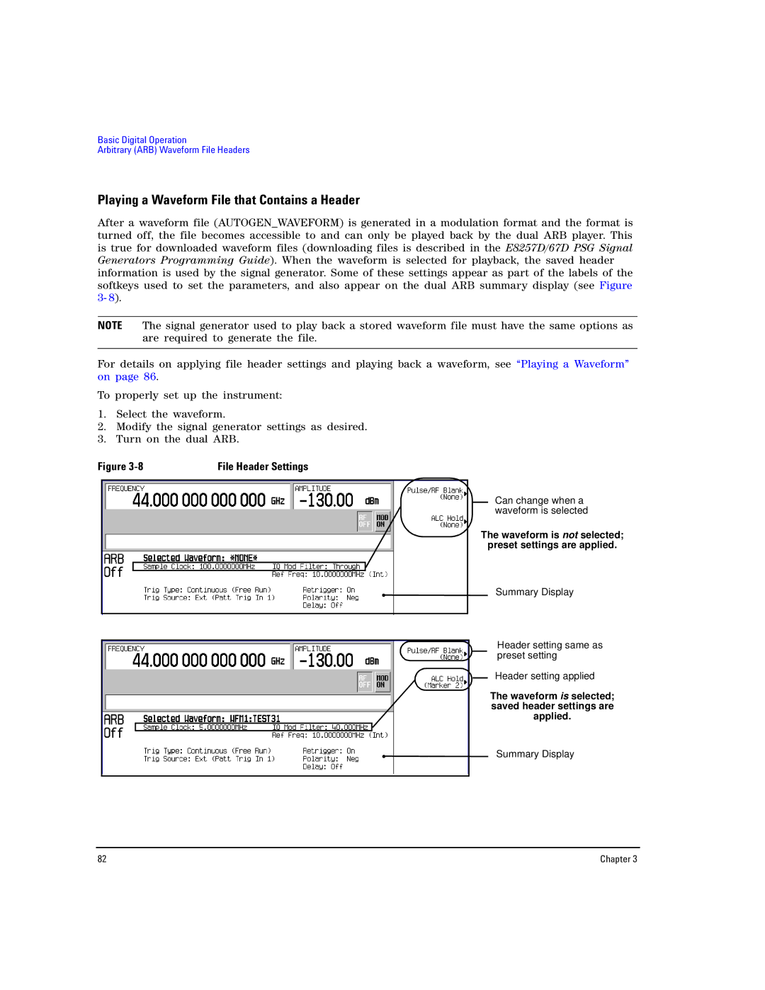 Agilent Technologies E8267D PSG, E8257D PSG manual Playing a Waveform File that Contains a Header 