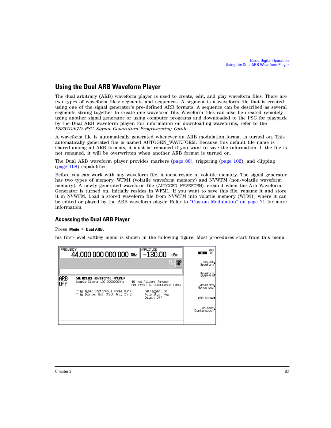 Agilent Technologies E8257D PSG Using the Dual ARB Waveform Player, Accessing the Dual ARB Player, Press Mode Dual ARB 