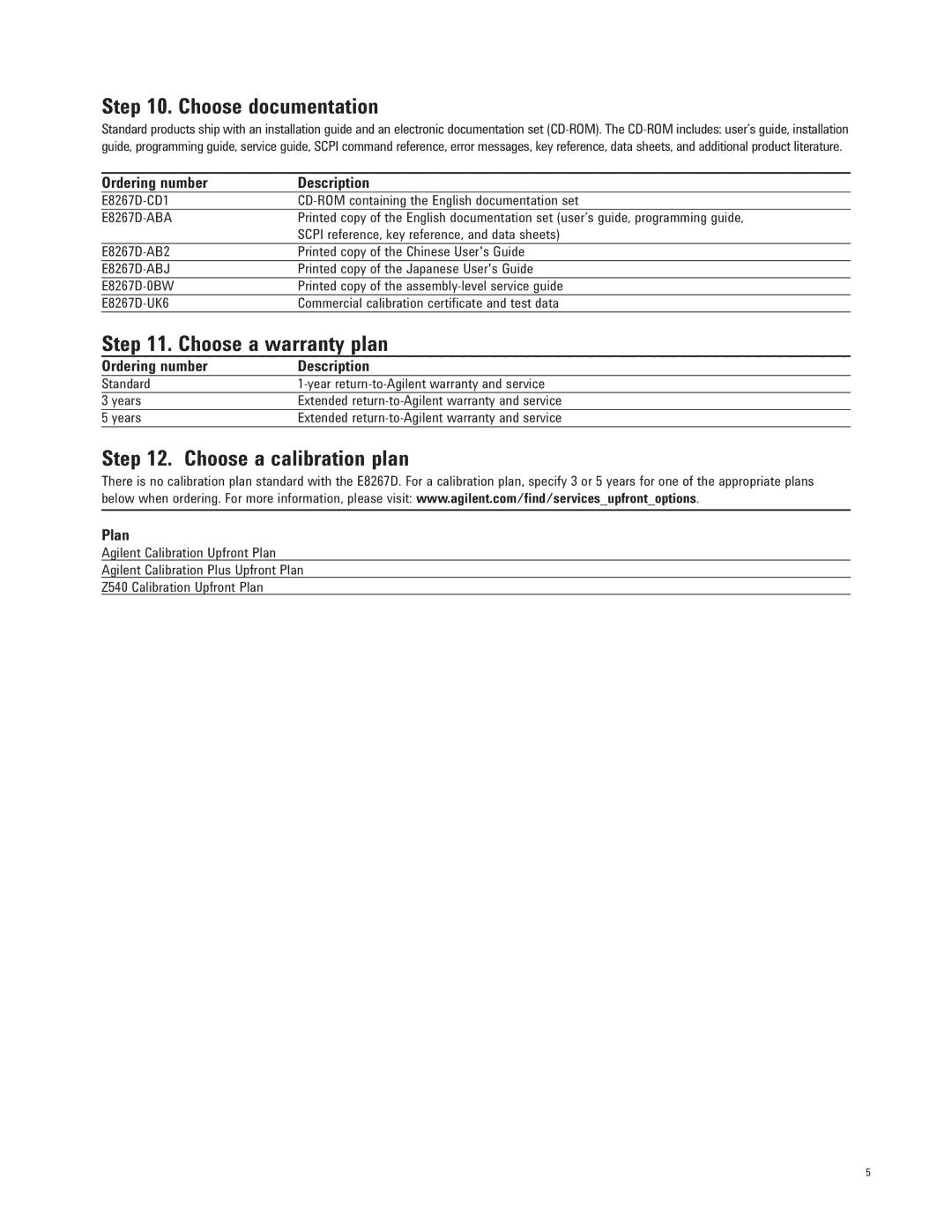 Agilent Technologies E8267D manual Choose documentation, Choose a warranty plan, Choose a calibration plan, Plan 