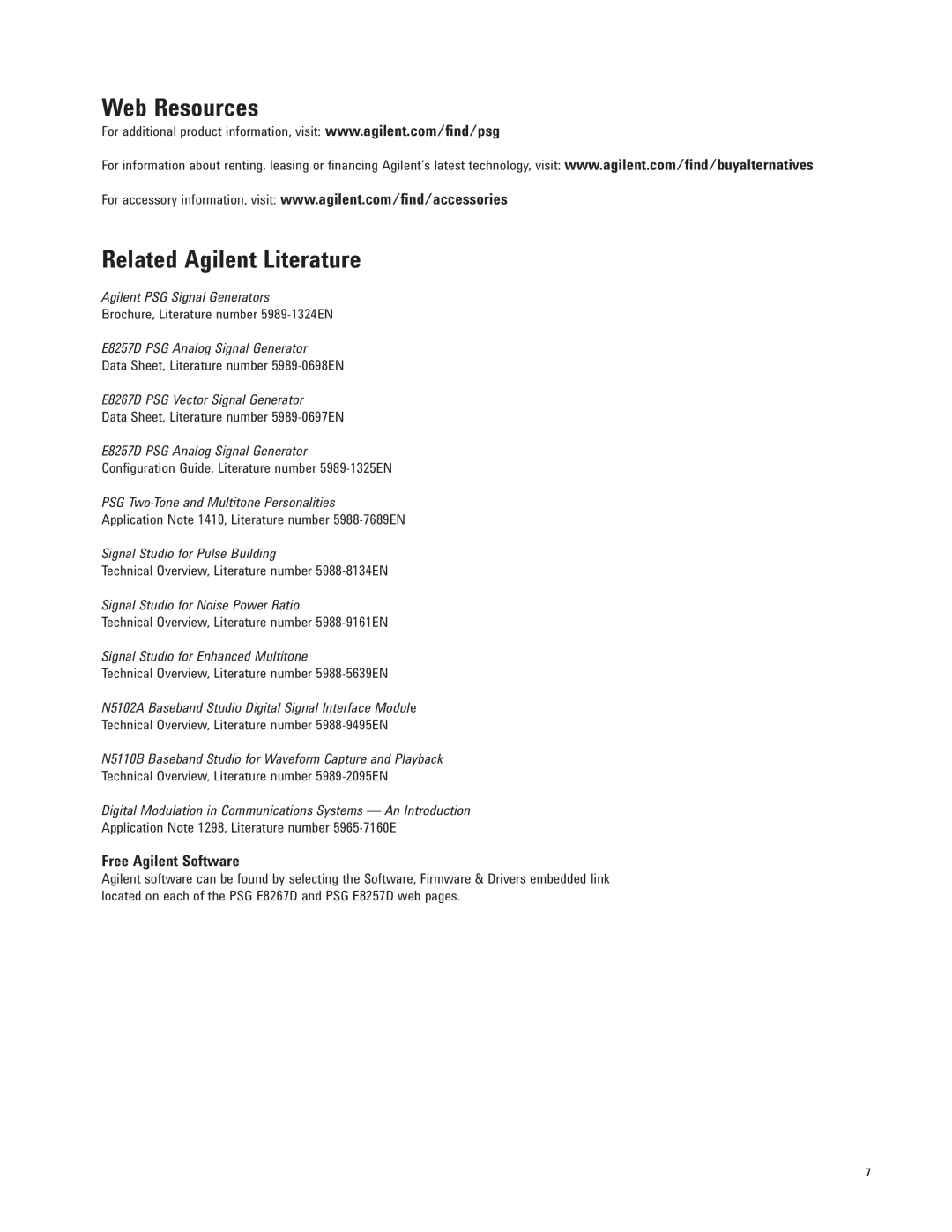 Agilent Technologies E8267D manual Web Resources, Related Agilent Literature, Free Agilent Software 