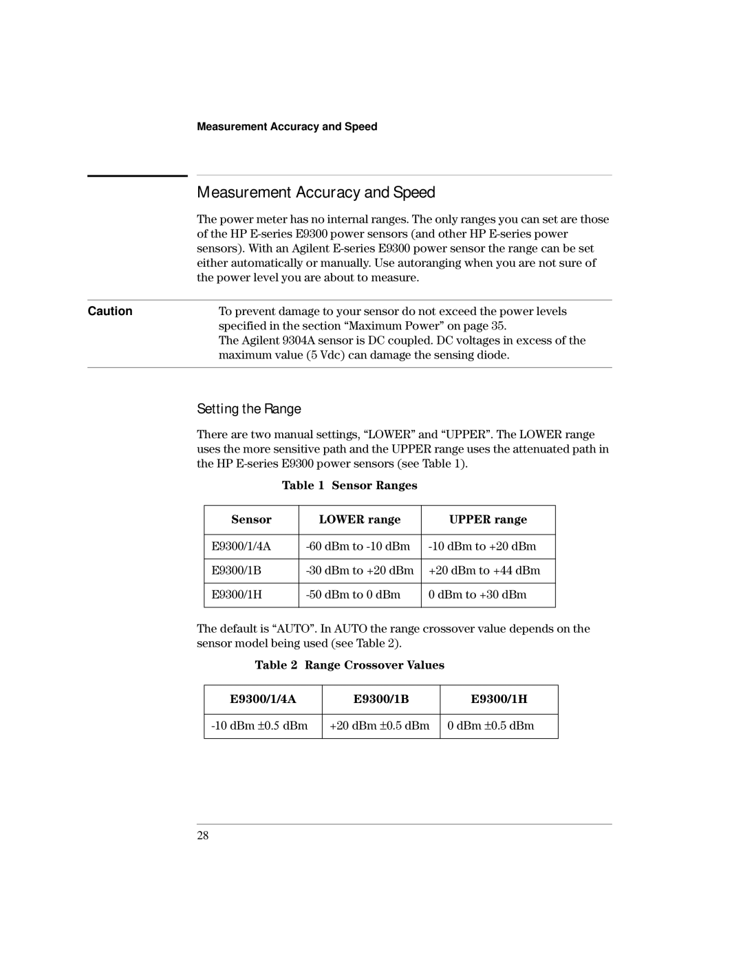 Agilent Technologies E9300 manual Measurement Accuracy and Speed, Setting the Range 