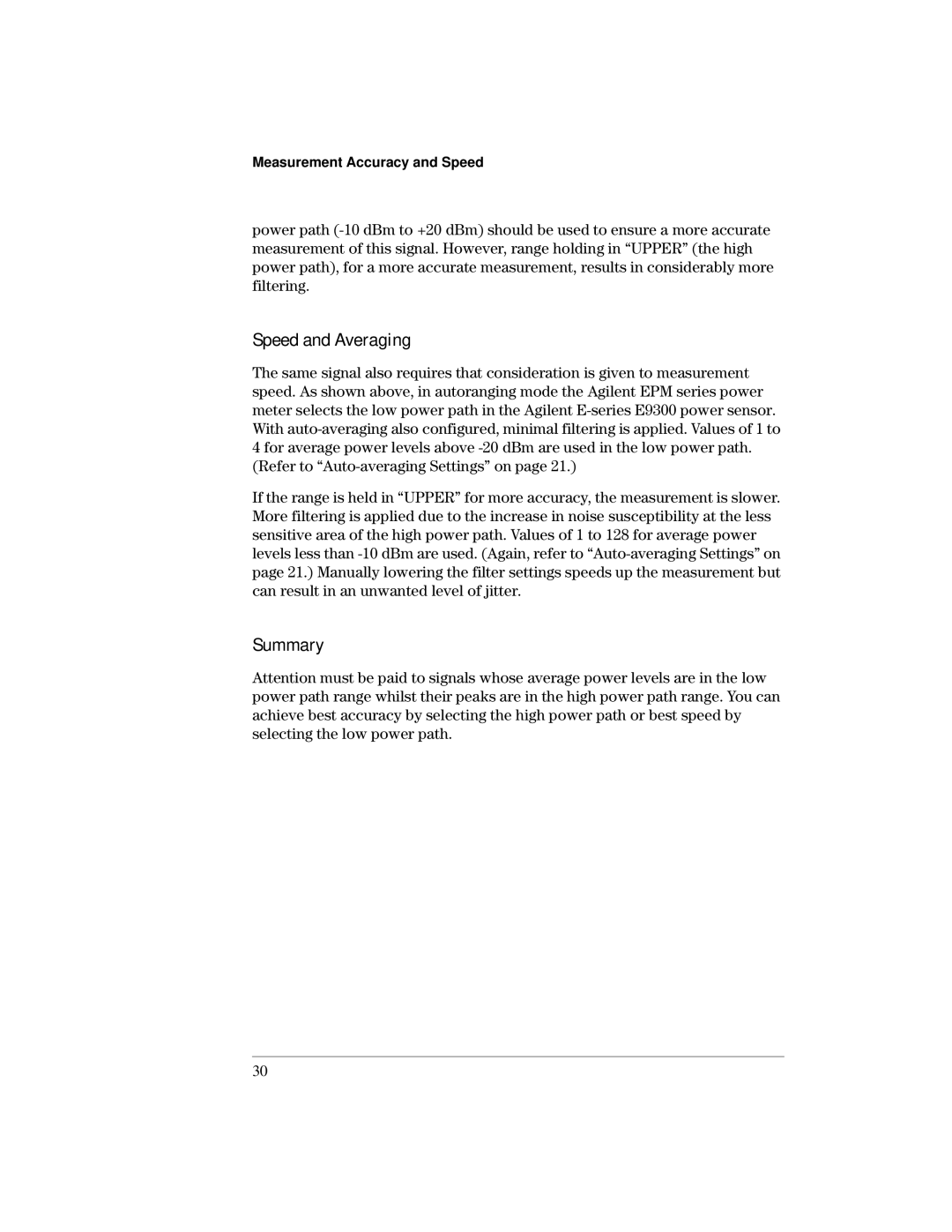 Agilent Technologies E9300 manual Speed and Averaging, Summary 