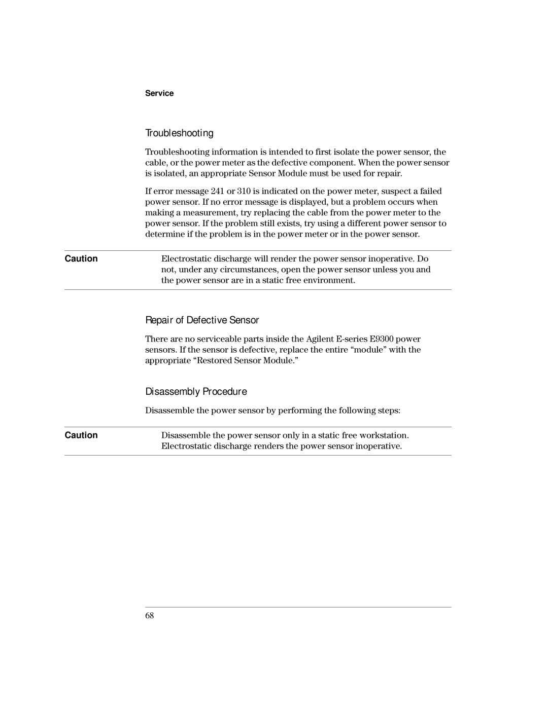 Agilent Technologies E9300 manual Troubleshooting, Repair of Defective Sensor, Disassembly Procedure 