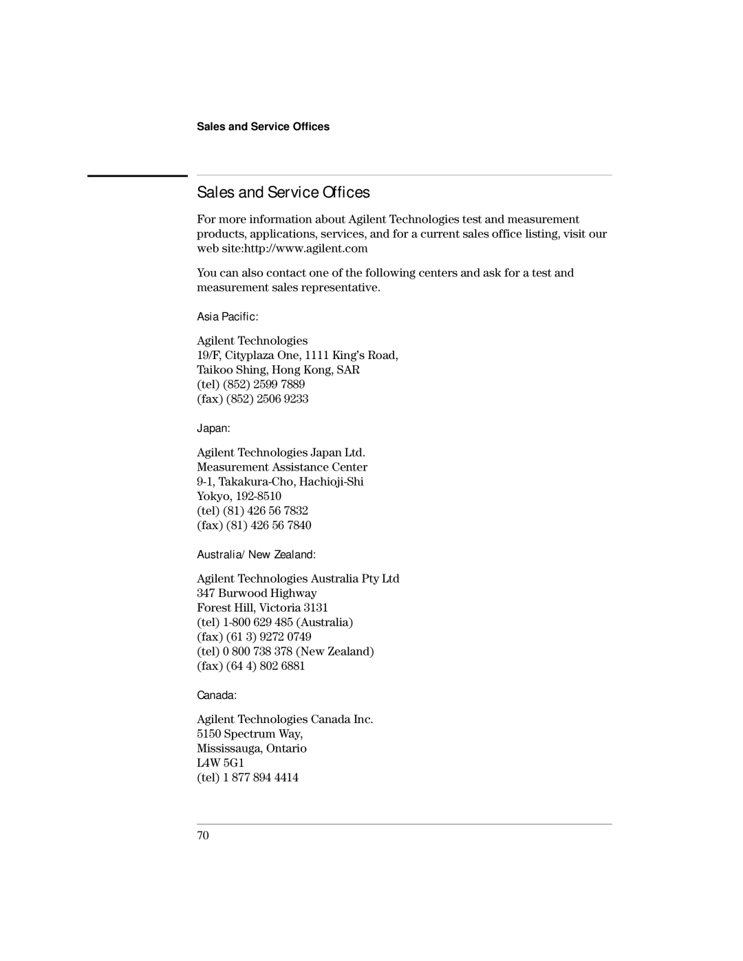 Agilent Technologies E9300 manual Sales and Service Offices, Asia Pacific 