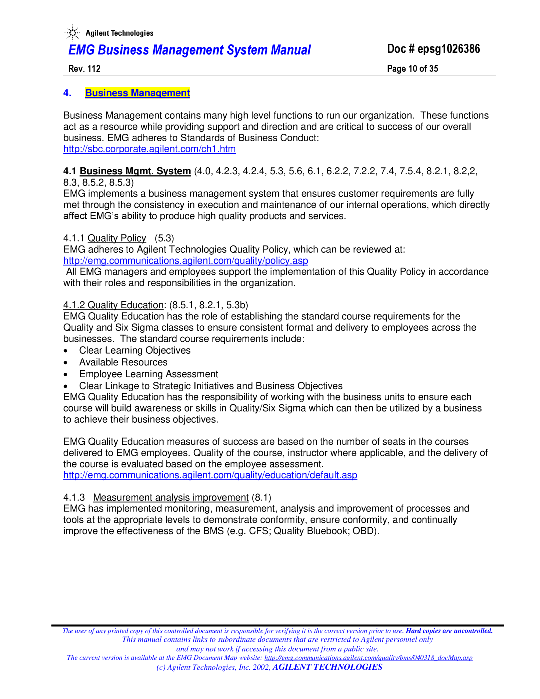 Agilent Technologies epsg1026386 system manual Rev, Business Management 