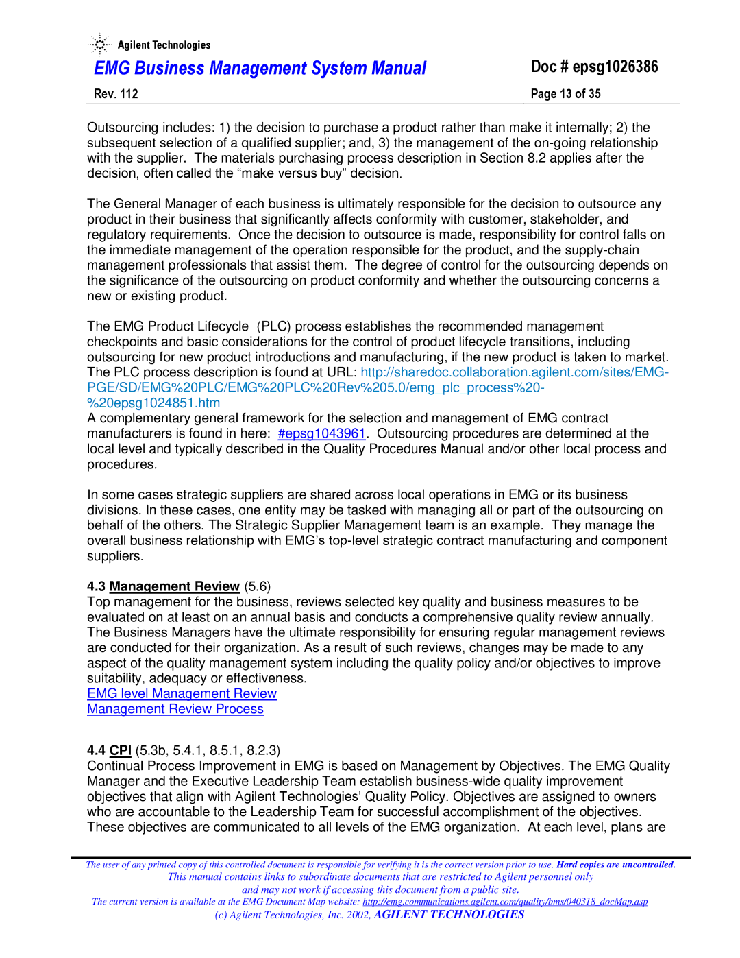 Agilent Technologies epsg1026386 system manual EMG level Management Review Management Review Process 