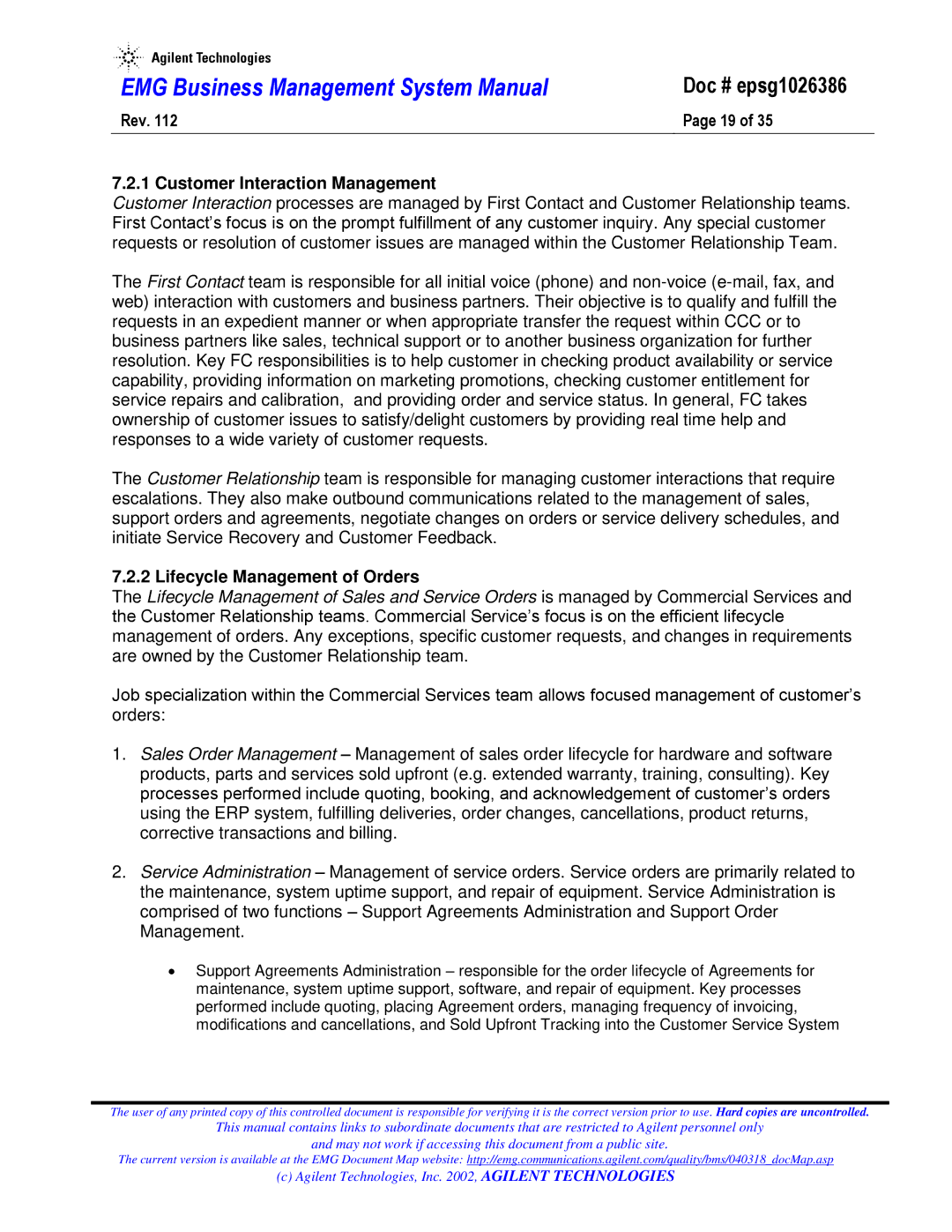 Agilent Technologies epsg1026386 system manual Rev Customer Interaction Management, Lifecycle Management of Orders 