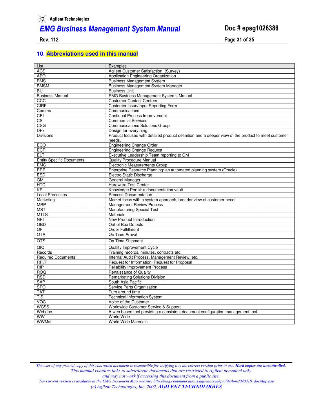 Agilent Technologies epsg1026386 system manual Abbreviations used in this manual, Bmsm 