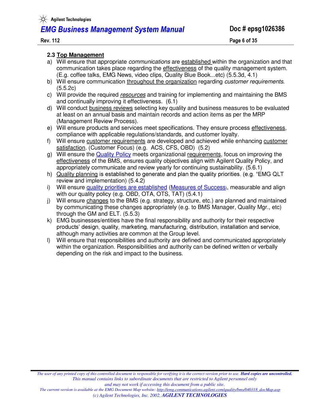 Agilent Technologies epsg1026386 system manual Rev Top Management 