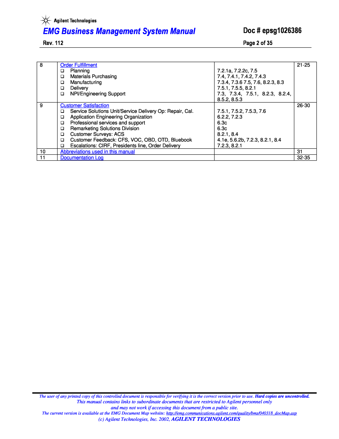 Agilent Technologies Page 2 of, EMG Business Management System Manual, Doc # epsg1026386, Order Fulfillment 