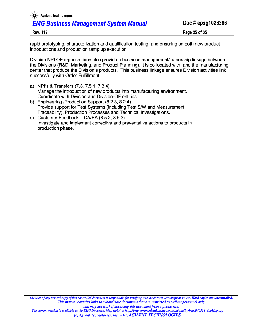 Agilent Technologies system manual Page 25 of, EMG Business Management System Manual, Doc # epsg1026386 