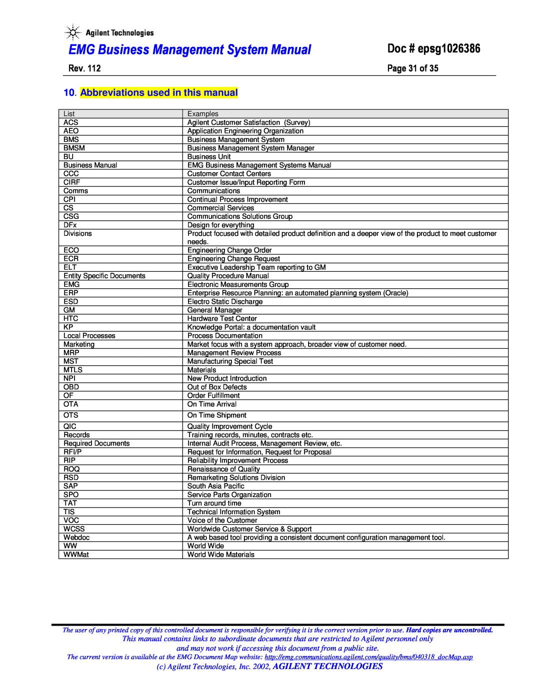 Agilent Technologies epsg1026386 Page 31 of, Abbreviations used in this manual, EMG Business Management System Manual 
