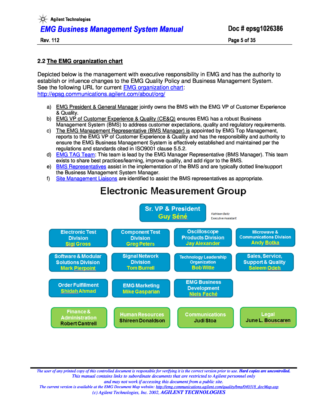 Agilent Technologies epsg1026386 system manual Page 5 of, The EMG organization chart, EMG Business Management System Manual 