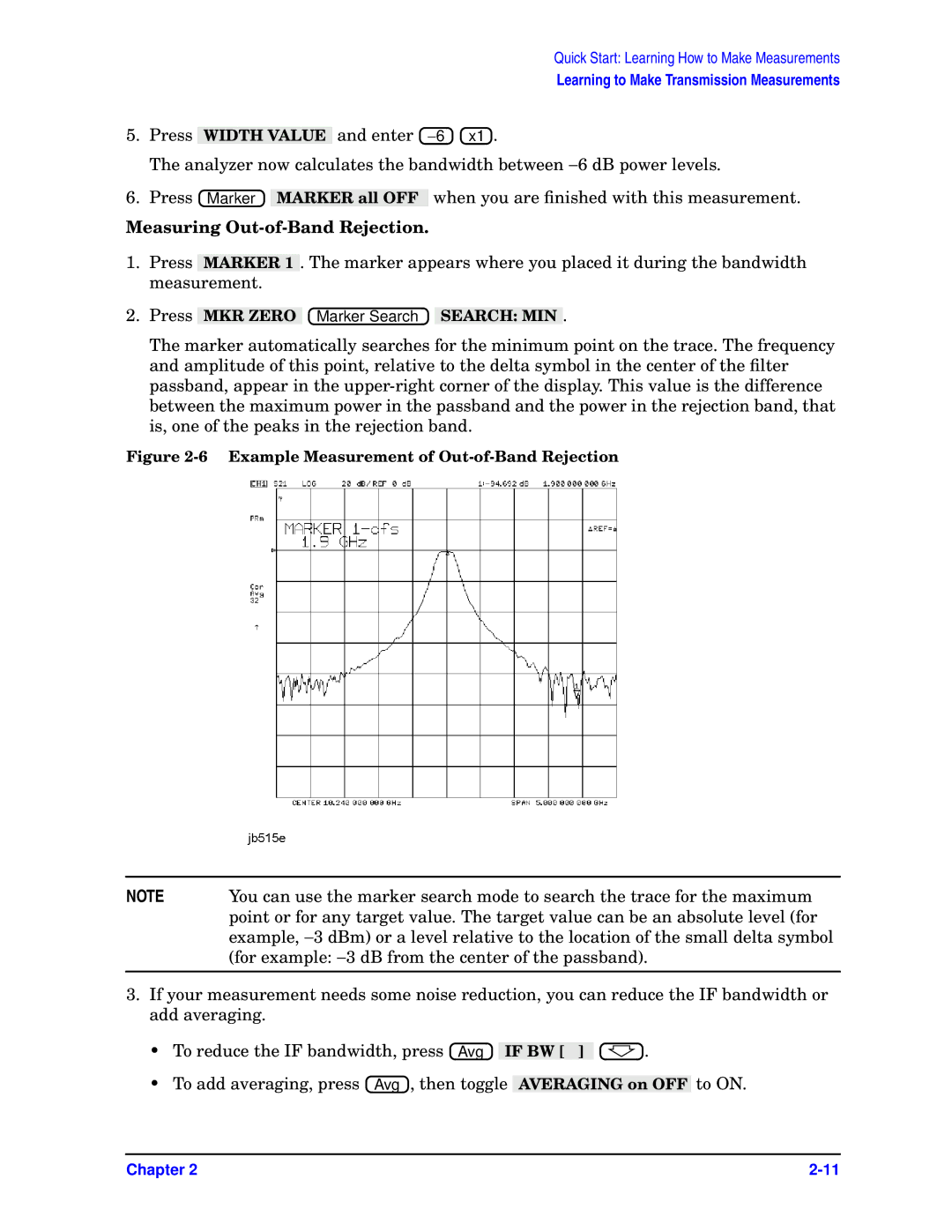 Agilent Technologies ES, 8720ET, 8722ET Measuring Out-of-Band Rejection, Example Measurement of Out-of-Band Rejection 