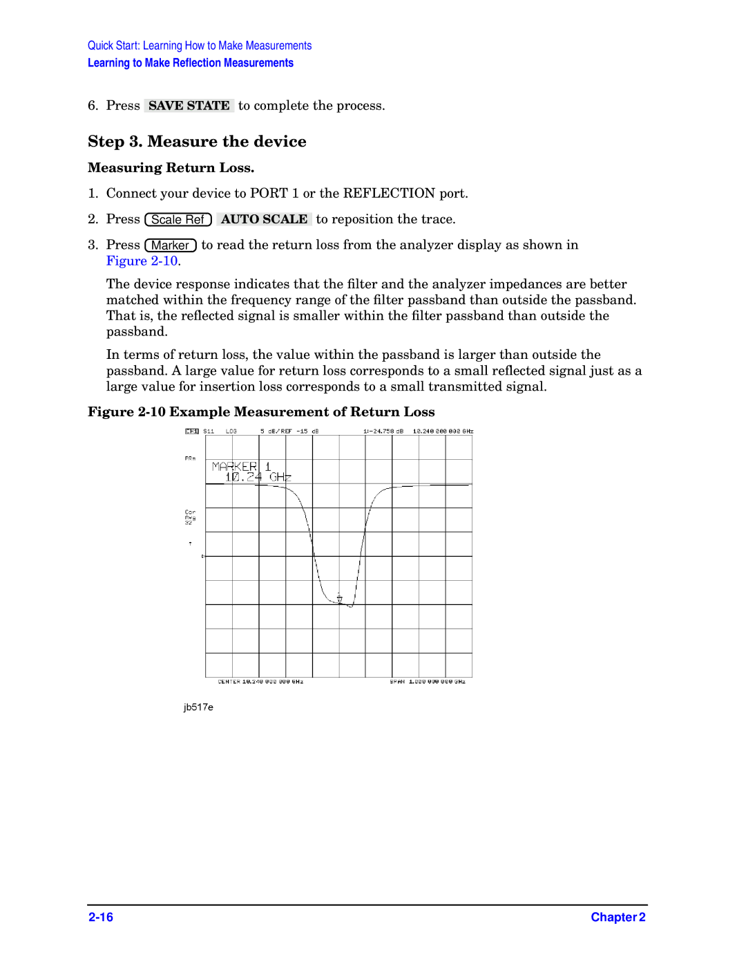 Agilent Technologies 8720ET, ES, 8722ET, 8719ET quick start Measuring Return Loss, Example Measurement of Return Loss 