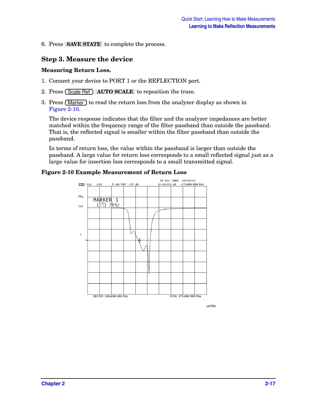 Agilent Technologies ES, 8753ET quick start Measuring Return Loss, Example Measurement of Return Loss 