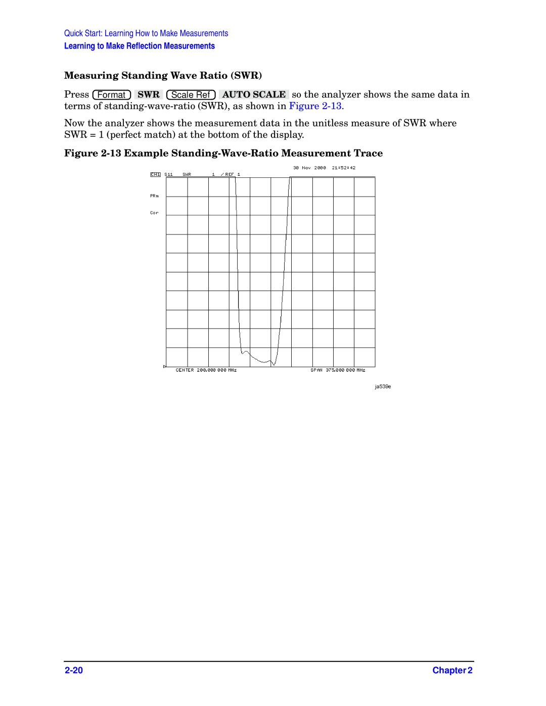 Agilent Technologies 8753ET, ES quick start Measuring Standing Wave Ratio SWR, Example Standing-Wave-Ratio Measurement Trace 