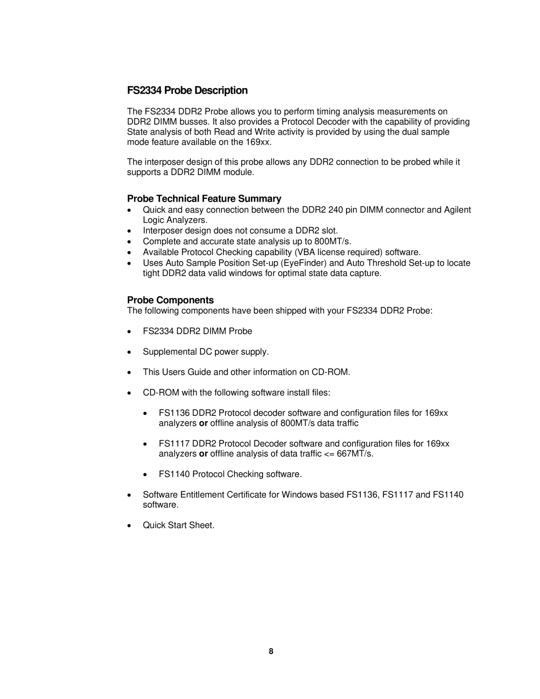 Agilent Technologies user manual FS2334 Probe Description, Probe Technical Feature Summary, Probe Components 