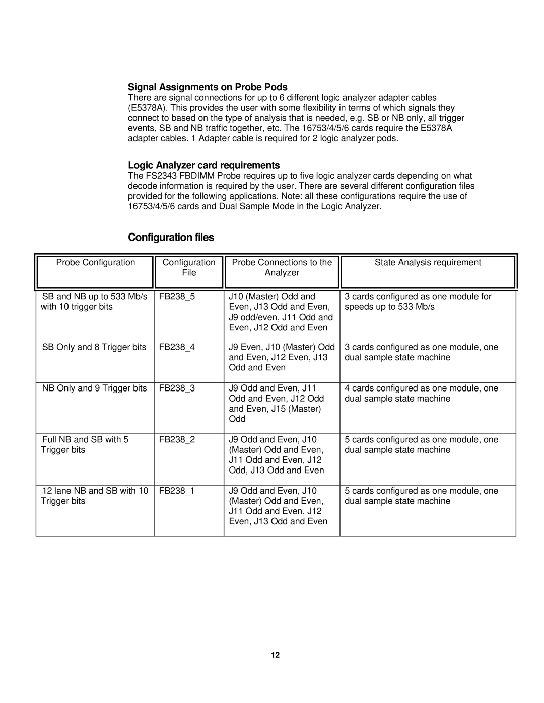 Agilent Technologies FS2343 Configuration files, Signal Assignments on Probe Pods, Logic Analyzer card requirements 