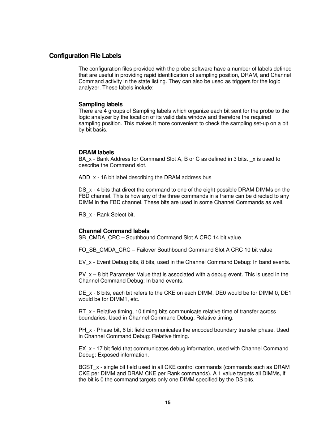 Agilent Technologies FS2343 user manual Configuration File Labels, Sampling labels, Dram labels, Channel Command labels 