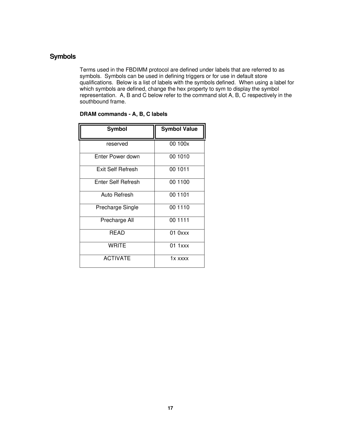 Agilent Technologies FS2343 user manual Symbols, Dram commands A, B, C labels Symbol Symbol Value 