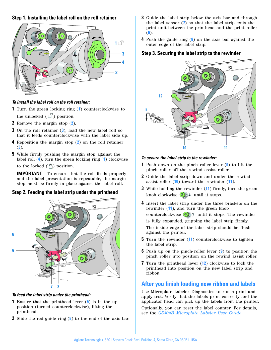 Agilent Technologies G5404B Installing the label roll on the roll retainer, Feeding the label strip under the printhead 