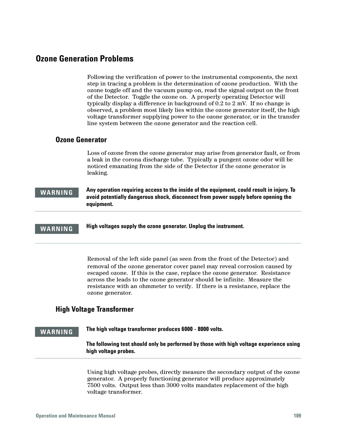 Agilent Technologies G6600-90006 manual Ozone Generation Problems, High Voltage Transformer 