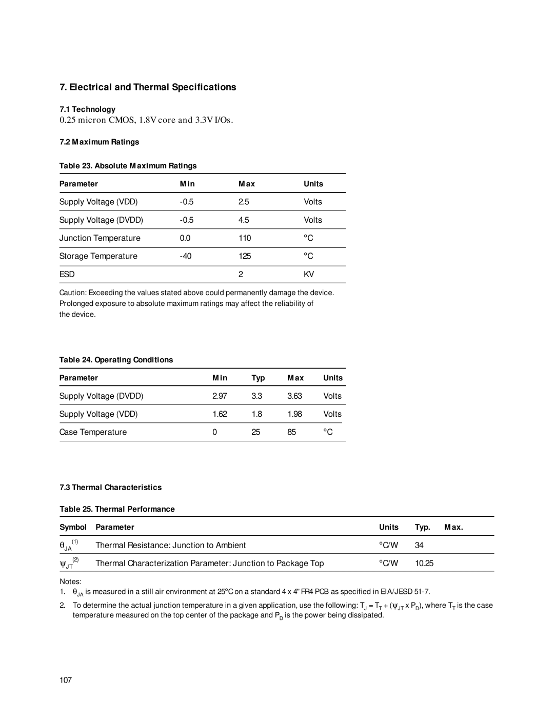 Agilent Technologies HDMP-3001 manual Technology, Micron CMOS, 1.8V core and 3.3V I/Os, Esd, Symbol Parameter Units Typ Max 