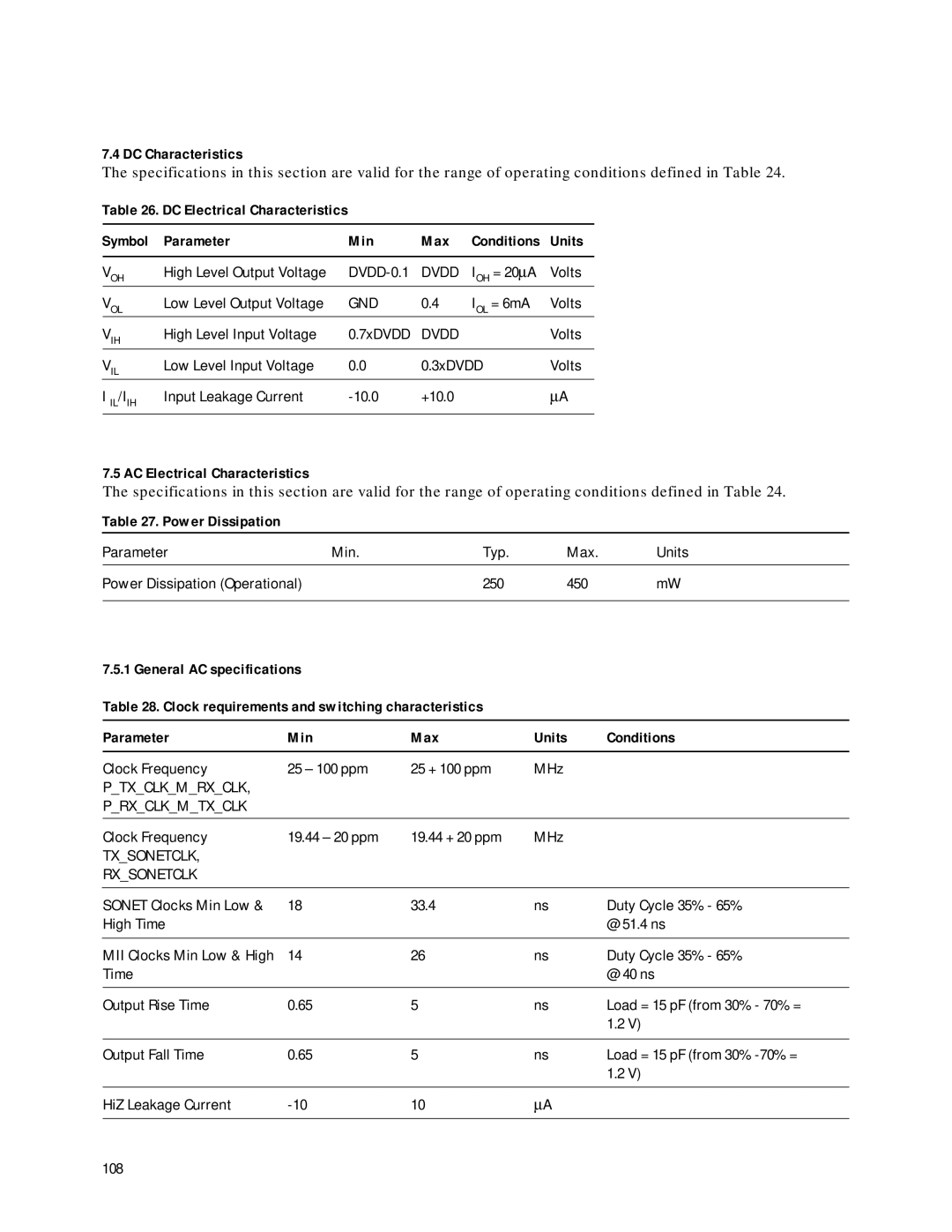 Agilent Technologies HDMP-3001 manual DC Characteristics, Il/Iih, AC Electrical Characteristics, Power Dissipation 